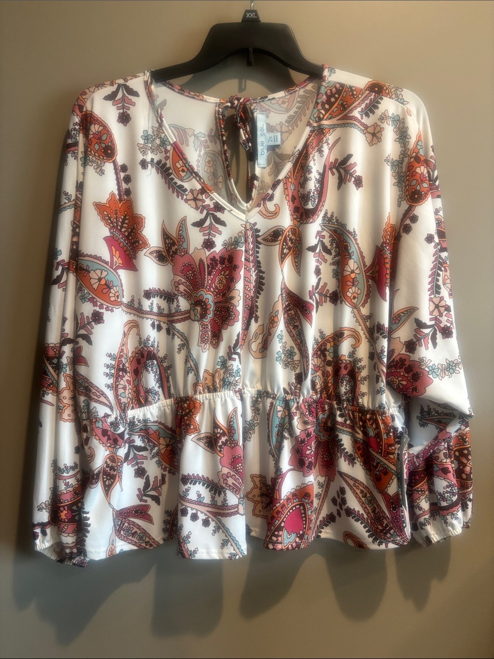 Paisley Tie-Neck Peplum Blouse - White with Pink & Rust Accentsu